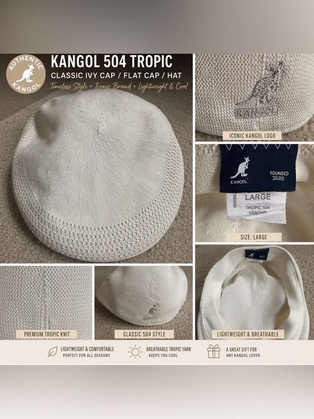 Kangol 504 Tropic Ventair White Large Flat Cap Ivy Golf Hat Summer Mens